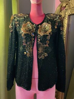 Jasmine Black Beaded Jacket with Gold Sequin Floral Appliqués
